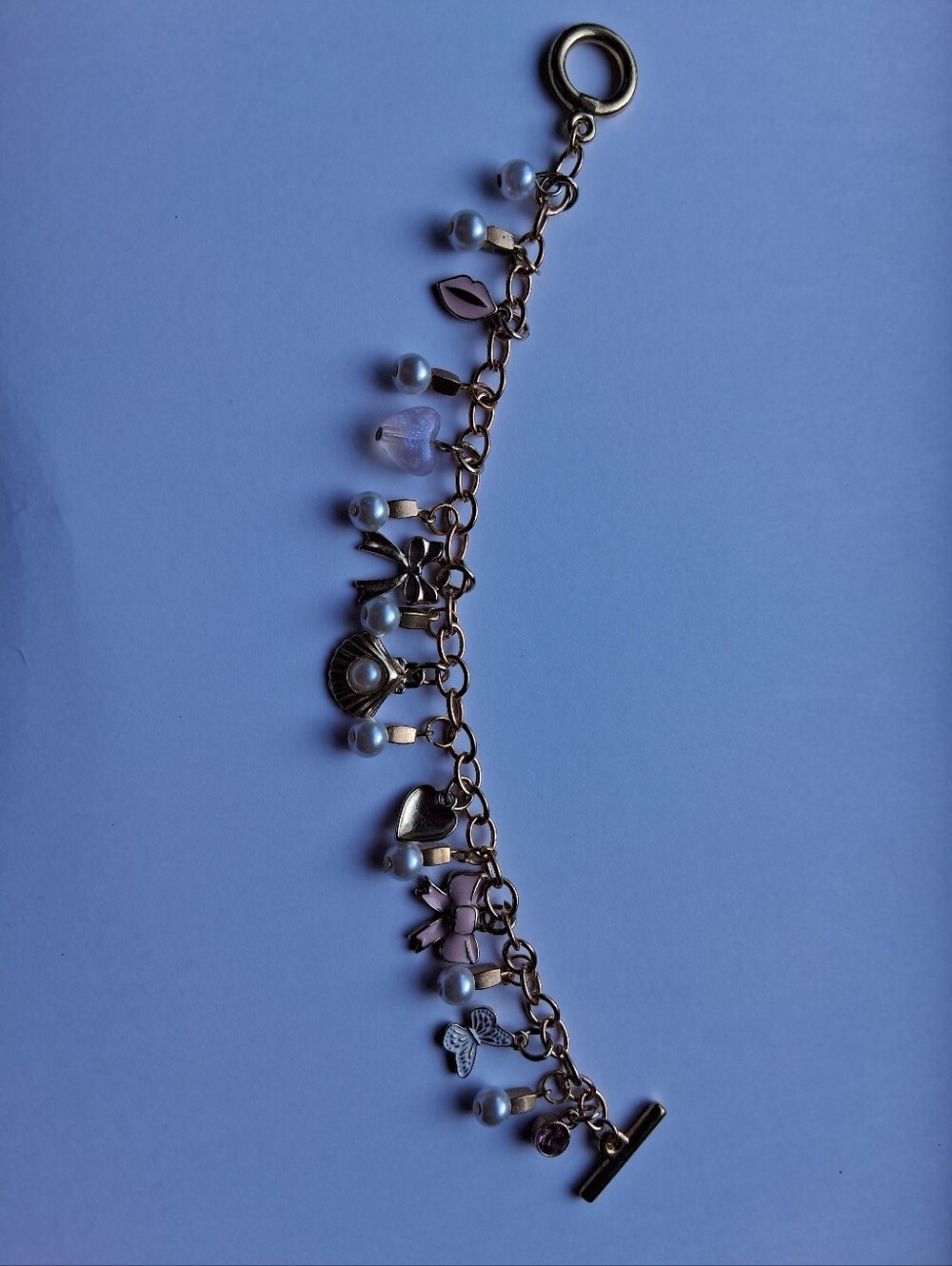 Hand Crafted Gold-Tone Charm Bracelet with Pink Accents and Pearls - Picture 6 of 6